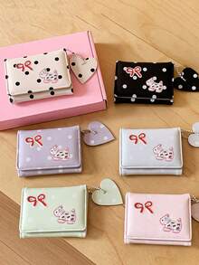 Sweet Polka‑Dot Bow And Dog Decor Pu Small Wallet, Heart Charm Card & Id Document Holder Purse, Cute Gift For Birthday Christmas Halloween For Girls - Multicolor - View 1