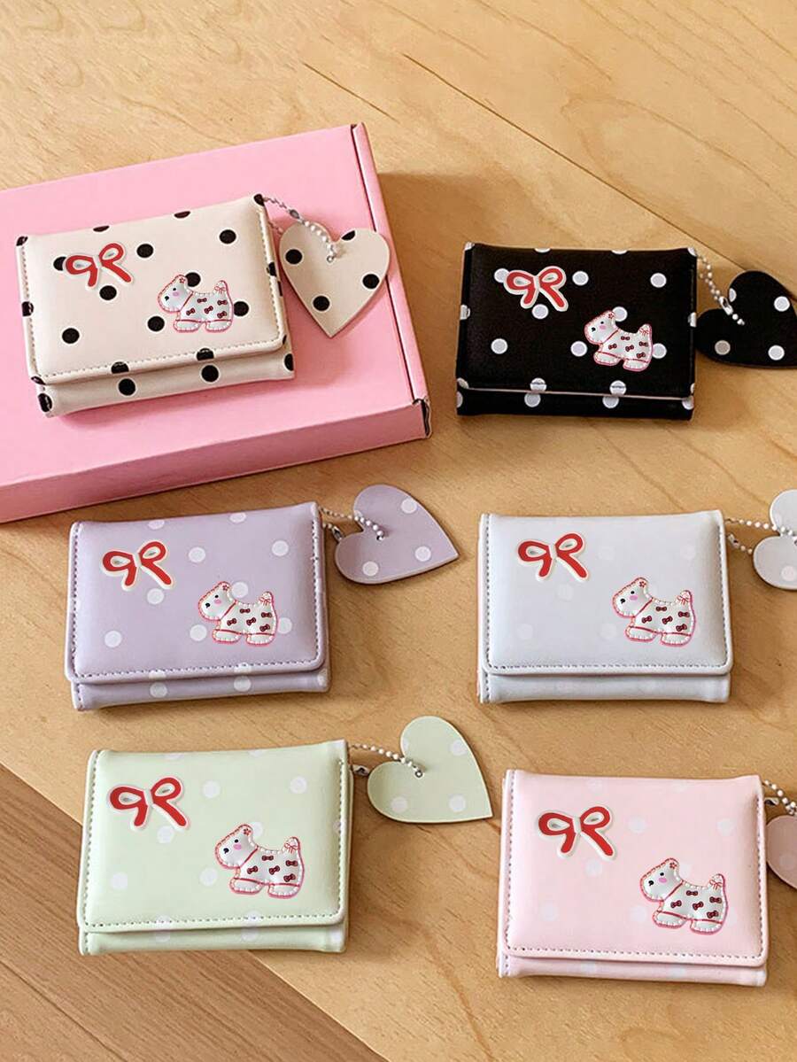 Sweet Polka‑Dot Bow And Dog Decor Pu Small Wallet, Heart Charm Card & Id Document Holder Purse, Cute Gift For Birthday Christmas Halloween For Girls - Multicolor - View 1
