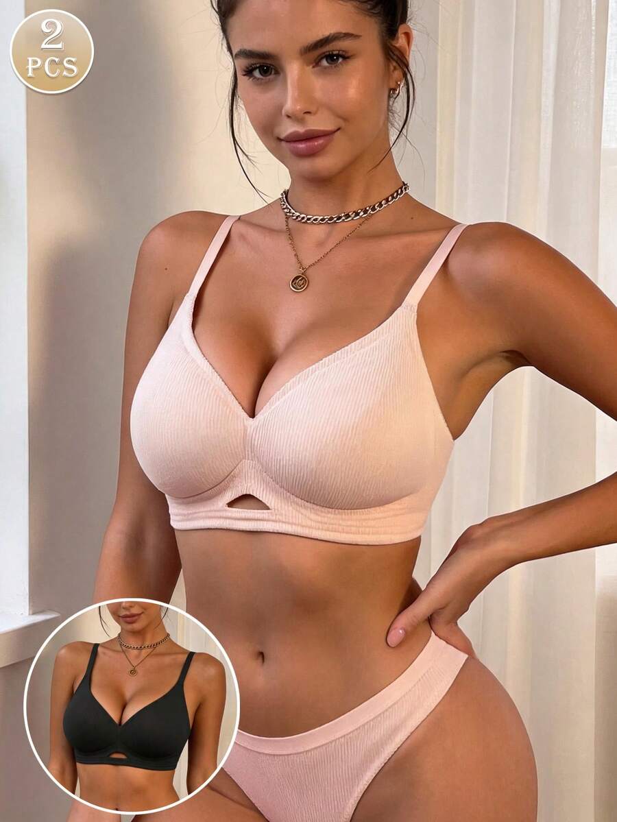 2pcs Solid Color Minimalist Striped Wireless Bra, Side-Smoothing Anti-Sagging Sports Back-Support Bra - Multicolor - View 1