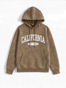 Sweatshirt Wanita Vintage Cokelat dengan Cetakan Huruf California, Sweatshirt Longgar dengan Saku Tali Serut - Coklat - View 2