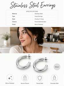 3 Pairs Women's Silver Stainless Steel C-Shaped Hoop Earrings, Classic Round Design, Suitable For Daily Wear, Party, Vacation, Halloween Women's Accessories, Stainless Steel Jewelry - Silver - View 4