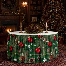 1pc Christmas Table Skirt/Tablecloth With Branches, Red Balls, Pinecones, Snowflakes, Holiday Atmosphere, Cozy Winter Christmas Party - A - View 3