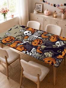 1pc Wrinkle-Resistant Rectangular Halloween Theme Elastic Tablecloth, Pumpkin & Skull Halloween Print Tablecloth, Reusable Party Tablecloth, Suitable For Outdoor Patio Dinner, Halloween Garden Party, Outdoor Autumn Holiday Decor - C - View 4
