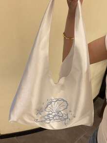新款中式小眾設計 INS 風刺繡貝殼緞面帆布托特包 女款韓系大容量休閒百搭通勤逛街日常購物腋下單肩包 - 白色 - 查看 2
