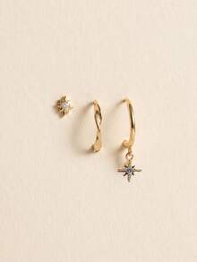 3pcs Fashion Elegant Alloy Octagonal Star Rhinestone Pendant Earrings Set, Suitable For Women's Daily Commute Wear - Gold - View 2