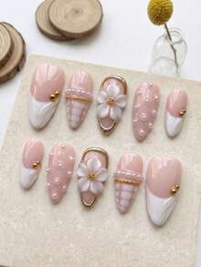 10pcs Handmade Medium Almond Shaped Press-On False Nails, White Swirl French Tip With 3D Bridal Pearl Floral Design, Removable And Reusable Manicure Set (Includes Jelly Glue And Nail File) - White - View 2