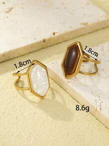2pcs Stainless Steel Vintage Hexagonal Tiger Eye Stone, White Shell Natural Stone Open Rings 18K Gold Plated Stainless Steel Double Ring Design Women's Personalized Daily Party Decorative Finger Rings, Adjustable Size - Yellow Gold - View 4