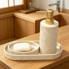 Sandstone Bathroom Accessory Set, Rhombus Grid Embossed Pattern, Countertop Decor Kit, Includes Soap Dispenser, Soap Dish, Storage Tray - Yellow Sand Plaid Suit - View 11