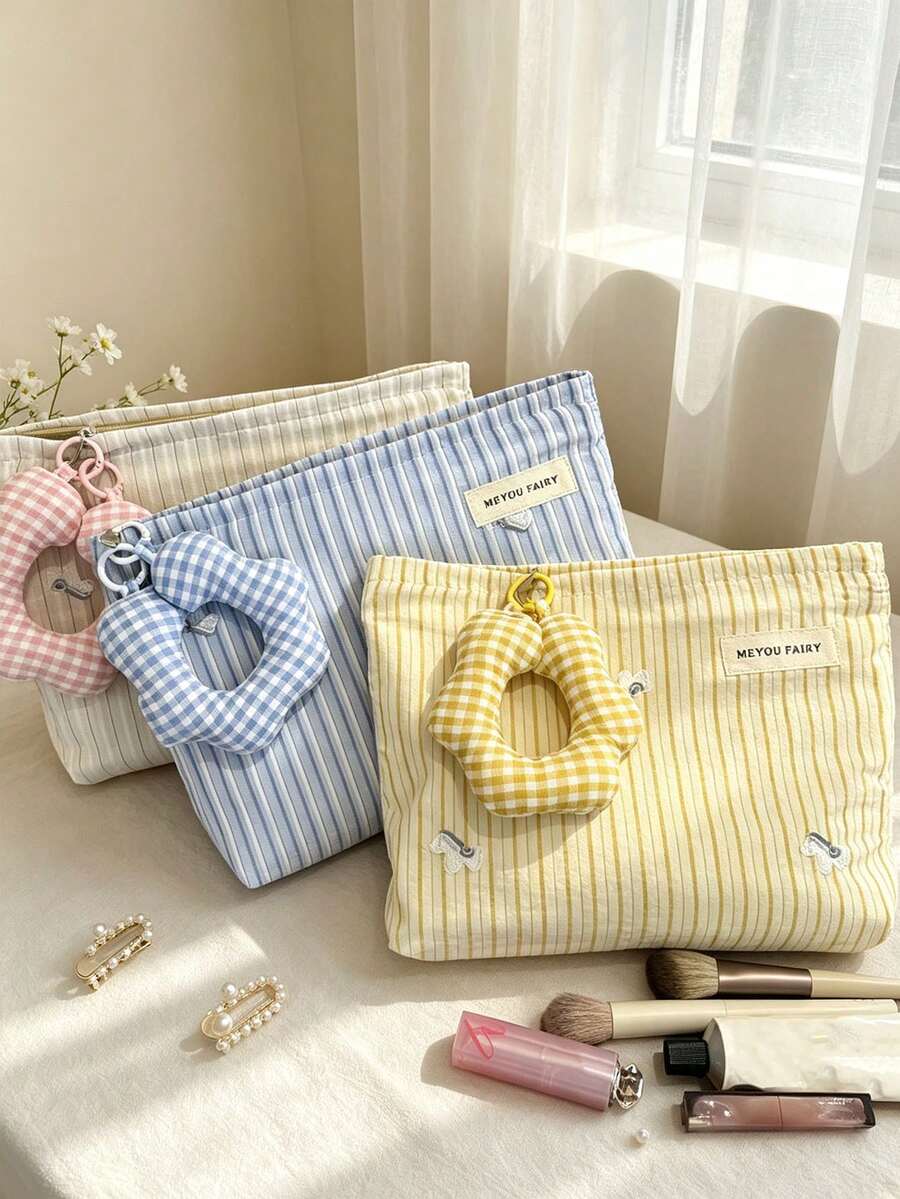 1pc Striped Makeup Storage Bag, Rectangular Cosmetic Bag With Plaid Flower Charm, Zipper Closure, Portable Toiletry Organizer, Suitable For Travel And Daily Home Use