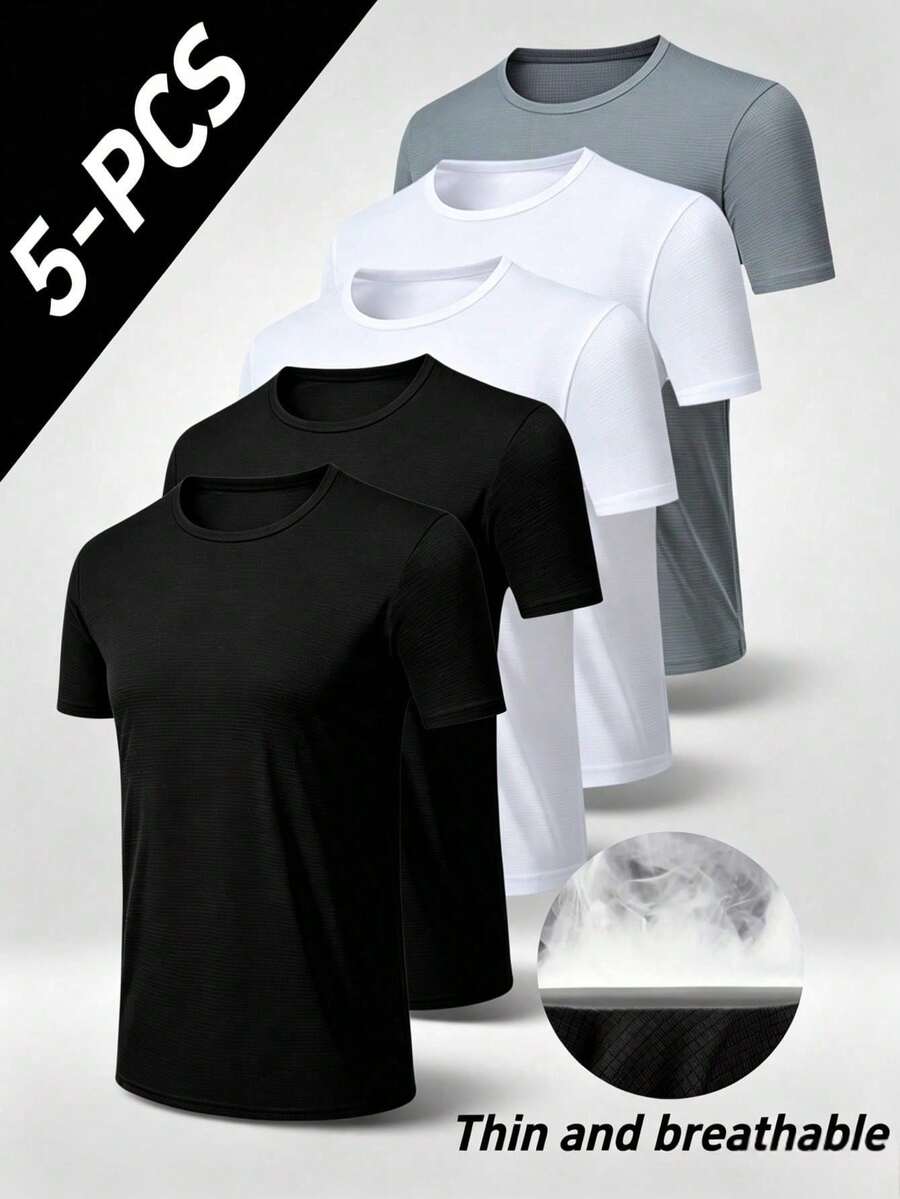 5pcs Solid Color Ultra-Lightweight Men's Crew Neck T-Shirts - Quick-Dry ...