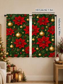 2pcs Christmas Holiday Theme Decorative Curtains, Christmas Poinsettia, Gold Christmas Ball Pattern, Suitable For Home Decor, Window Decoration, Christmas Holiday Home Atmosphere Decoration - Multicolor - View 10