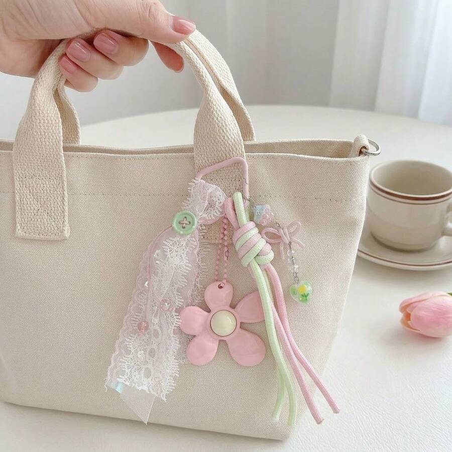 Korean Style Pink Floral Keychain, Lace Ribbon Bow Bag Charm, Color-Block Rope Creative Pendant, Sweet Fashion Versatile Bag Accessory - Multicolor - View 1