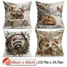 4pcs Winter Forest Animal Christmas Pillow Covers, Snow Rabbit Fox Raccoon Squirrel Print Pattern, Single-Sided Print Pillow Covers/Cushion Covers, Multi-Scene Atmosphere Decoration Pillow Covers Suitable For Living Room Sofa Bedroom, Pillow Insert Not Included - Multicolor - View 12