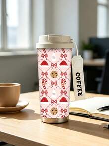 1pc/5pcs 500ml Pink Christmas Dessert Travel Mug, Double-Wall Stainless Steel Insulated Cup, Christmas Hat, Candy Cane, Cookie And Bow Holiday Print Design, Portable Coffee Cup With COFFEE Printed Lanyard, Suitable For Daily Commute - Pink - Christmas Hat Cookies - View 8