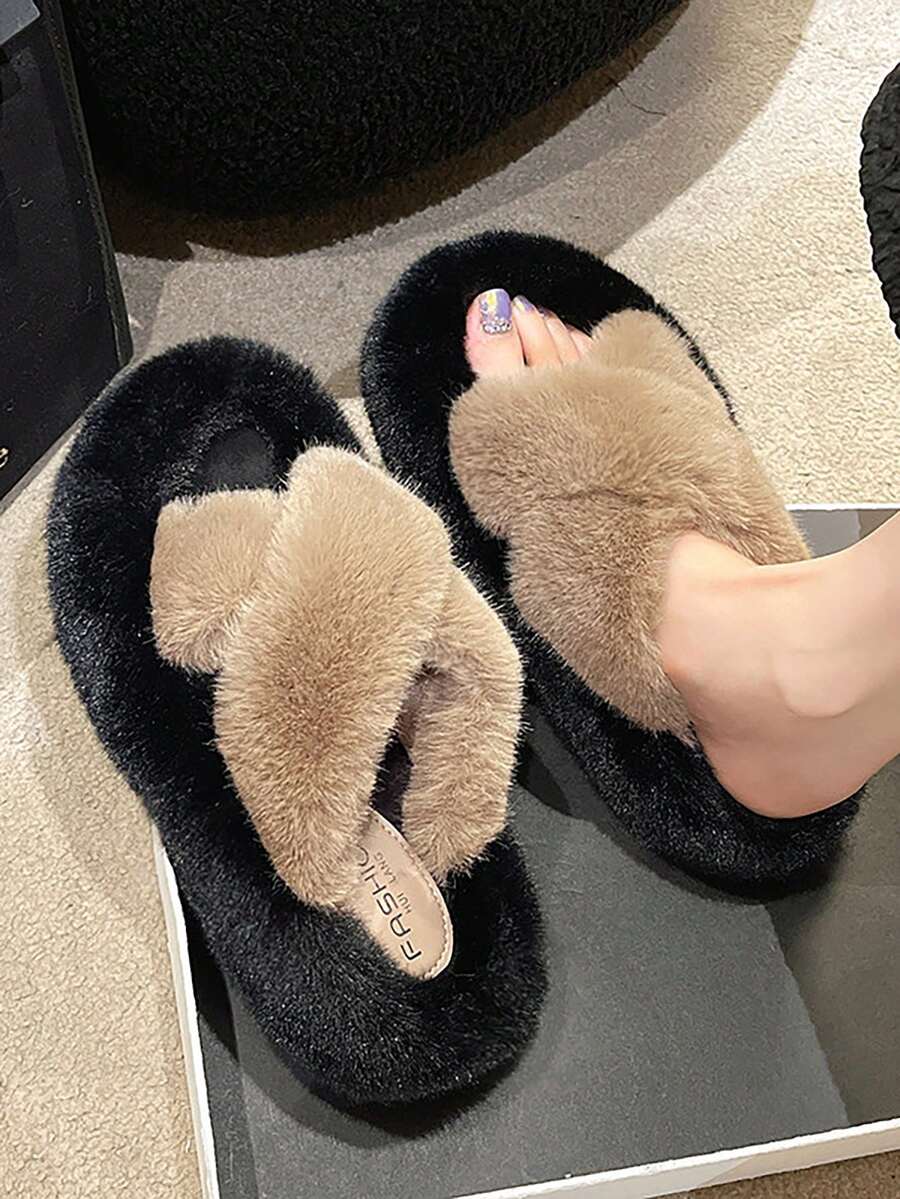Women Letter Embroidery Open Toe Fluffy Slip On Slippers - Khaki - View 1