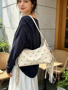 Dedoo 女款單肩包，龐克哥德 Y2K 風格，輕便可攜式機車包，鉚釘金屬鏈條肩帶，適合青少年、大學生、街頭、演唱會 - 米色 - 查看 6