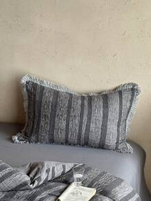 1pc Dark Gray Tufted Tassel Pillowcase, Vintage Distressed Country Style Decorative Throw Pillow Cover, All-Season Home Decor Long Pillowcase, Machine Washable, No Filling - Dark Grey - View 1