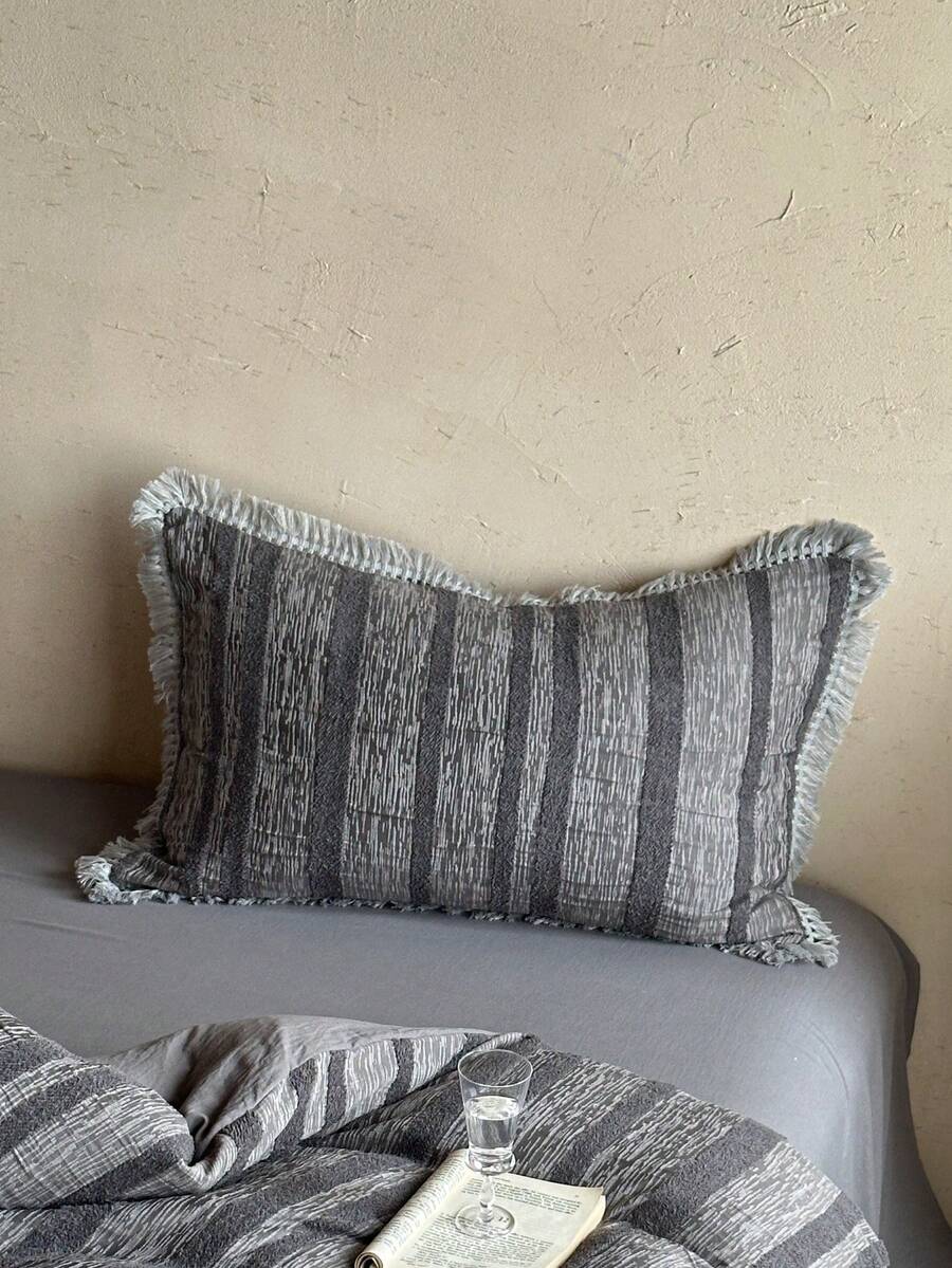 1pc Dark Gray Tufted Tassel Pillowcase, Vintage Distressed Country Style Decorative Throw Pillow Cover, All-Season Home Decor Long Pillowcase, Machine Washable, No Filling - Dark Grey - View 1