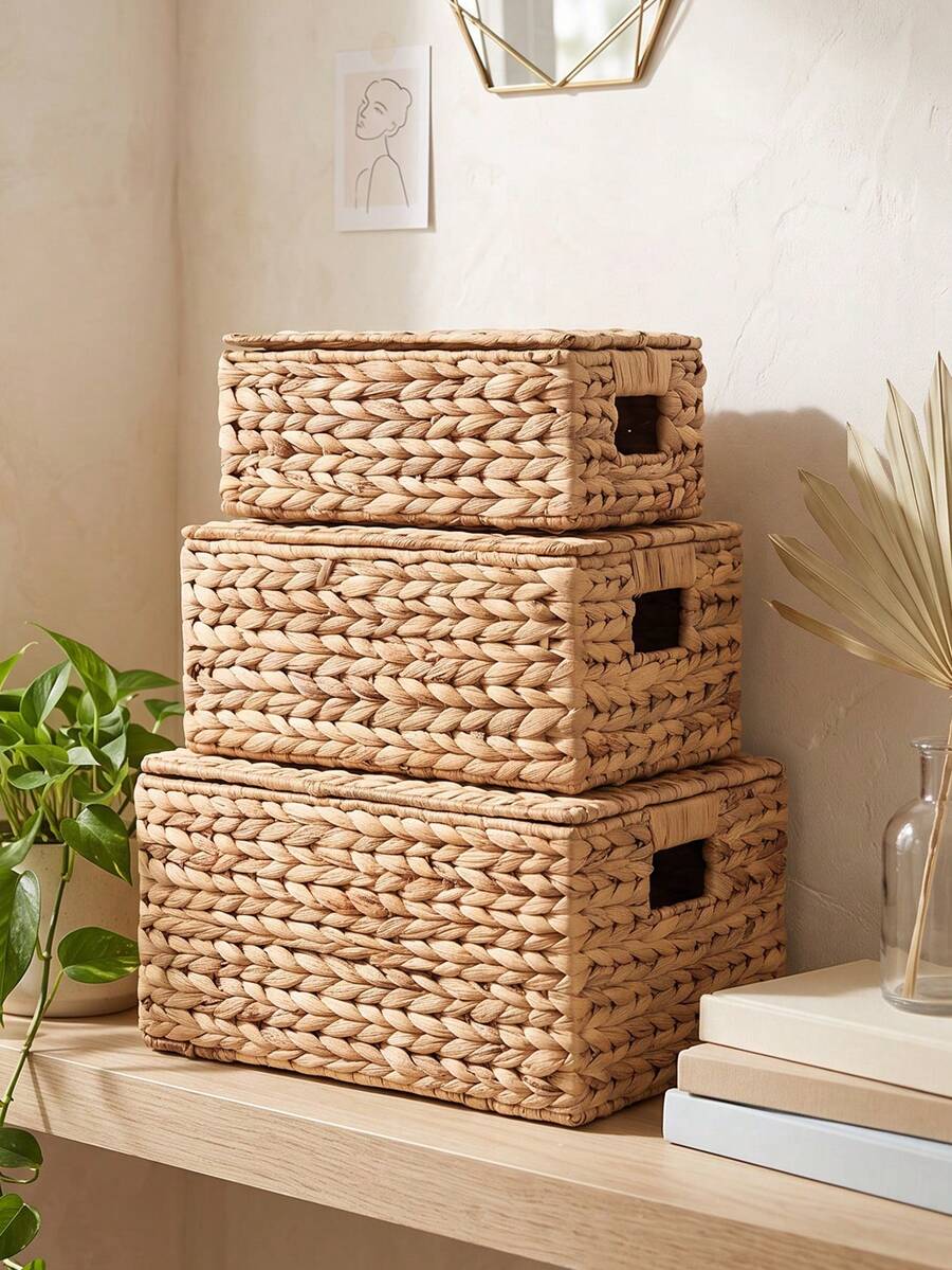 1Pc/3Pcs(S+M+L) Wicker Storage Basket Set, Natural Water Hyacinth Handwoven Baskets, Large Medium Small Stackable Storage Bins For Pantry Shelf Kitchen Bathroom Bedroom Organizer, Decorative Woven Basket Halloween Christmas Gift Home Decor