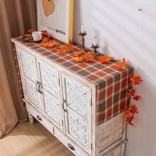 1pc Autumn Vintage Orange Brown Plaid Print Home Decor Table Runner - Polyester Stiff Fabric, Rectangular, Ideal For Holiday Dining And Outdoor Parties, Suitable For Home Dining Room And Restaurant, Kitchen Supplies, Party Table Decoration - Brown - View 1