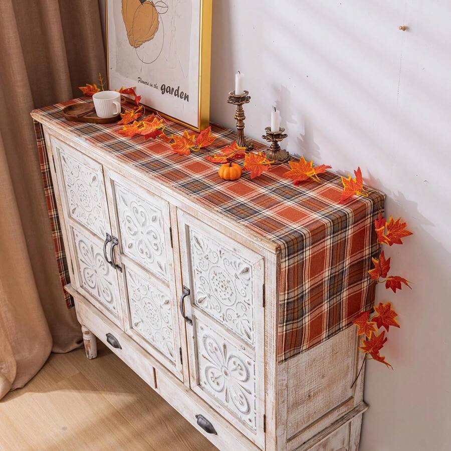 1pc Autumn Vintage Orange Brown Plaid Print Home Decor Table Runner - Polyester Stiff Fabric, Rectangular, Ideal For Holiday Dining And Outdoor Parties, Suitable For Home Dining Room And Restaurant, Kitchen Supplies, Party Table Decoration - Brown - View 1