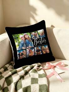 1pc Black Background Multi-Photo Layout DIY Customized Best Friend Portrait English Text Pillowcase, Best Friend Memory Image Collage Cushion Cover, Exclusive Keepsake Pillowcase For Best Friend, Living Room Sofa Bedroom Bed Head Decor Lumbar Pillowcase, Pillow Insert Not Included - Multicolor - View 3