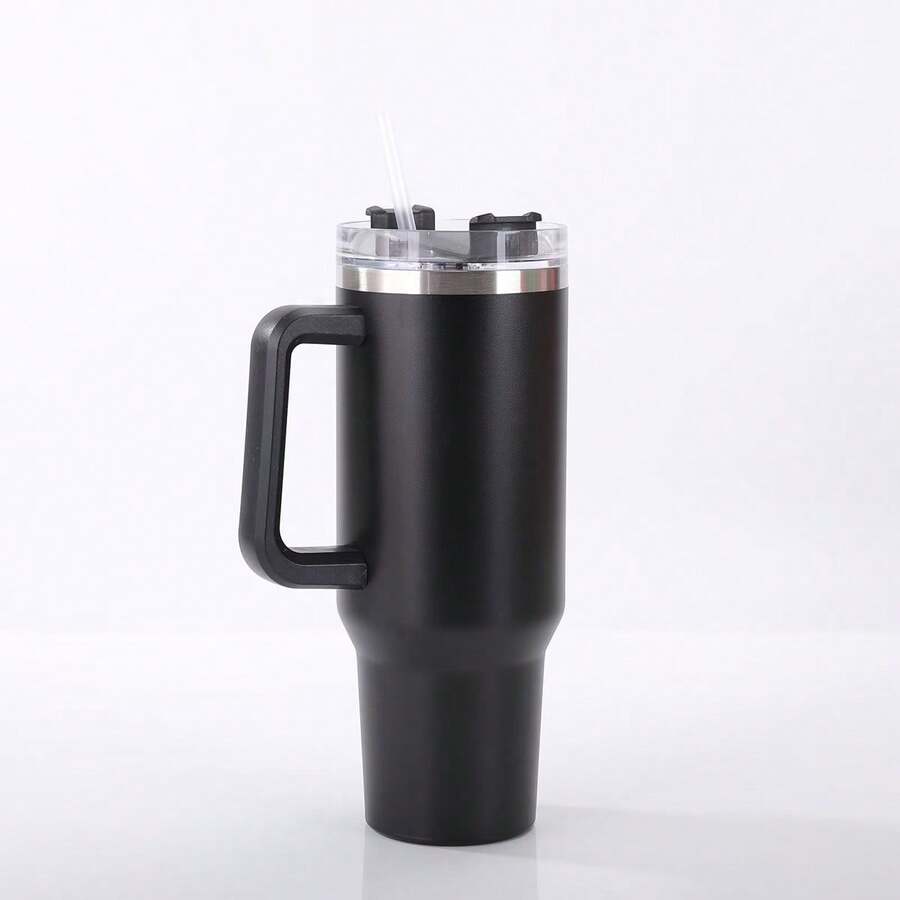 40oz Double-Walled Vacuum Insulated Stainless Steel Water Bottle With Handle, Equipped With Straw Lid And Straw, Leak-Proof And Rust-Resistant, Suitable For Hot And Cold Drinks, An Essential Item For Outdoor Activities And Sports - Black - View 1