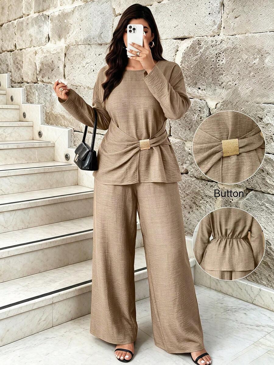 Voworia Two Pieces Set With Metal Buckle Waist Cincher For Fall And Winter, Minimalist Urban Style, Plus-Size Daily Outfit Suitable For Beach Weddings - Brown - View 1