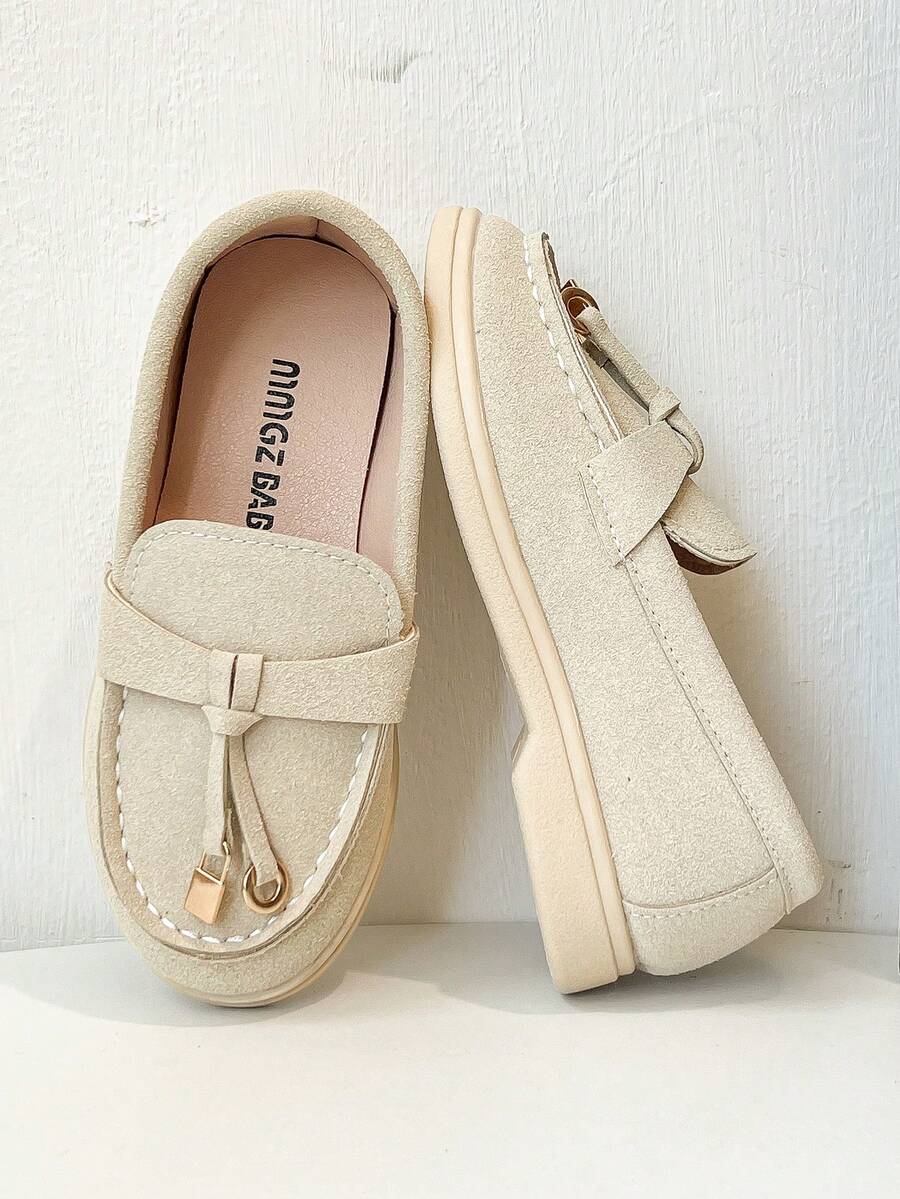Girls' Slip-On Loafers, Beige Suede Tassel Buckle Soft Sole Lightweight Non-Rubbing Flat Shoes - Apricot - View 1