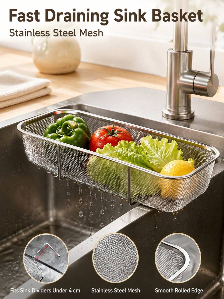 Stainless Steel Side Sink Drain Strainer Basket, Corner Hanging Sink Strainer Colander Drain Basket, Kitchen Sink Food Waste Filter And Vegetables Fruits Clean (Silver Rectangle)