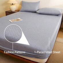 1pc Waterproof Fitted Sheet (Pillowcase Not Included) Fashion Pattern Multi-Color Options Waterproof Mattress Protector Soft Easy To Clean Comfortable Student Dorm Bedroom Hotel Bedding All Season Use - Denim Blue - View 11
