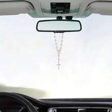 1pc Heart-Shaped Faux Pearl Cross Hanging Ornament, Metal Retro Car Mirror Pendant Decoration - A - View 7
