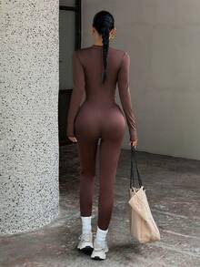 NOIRLYN Fall Winter Women's Round Neck Long Sleeve Jumpsuit Sexy Fitted Skinny Sports Unitard For Gym Workout - Brown - View 2