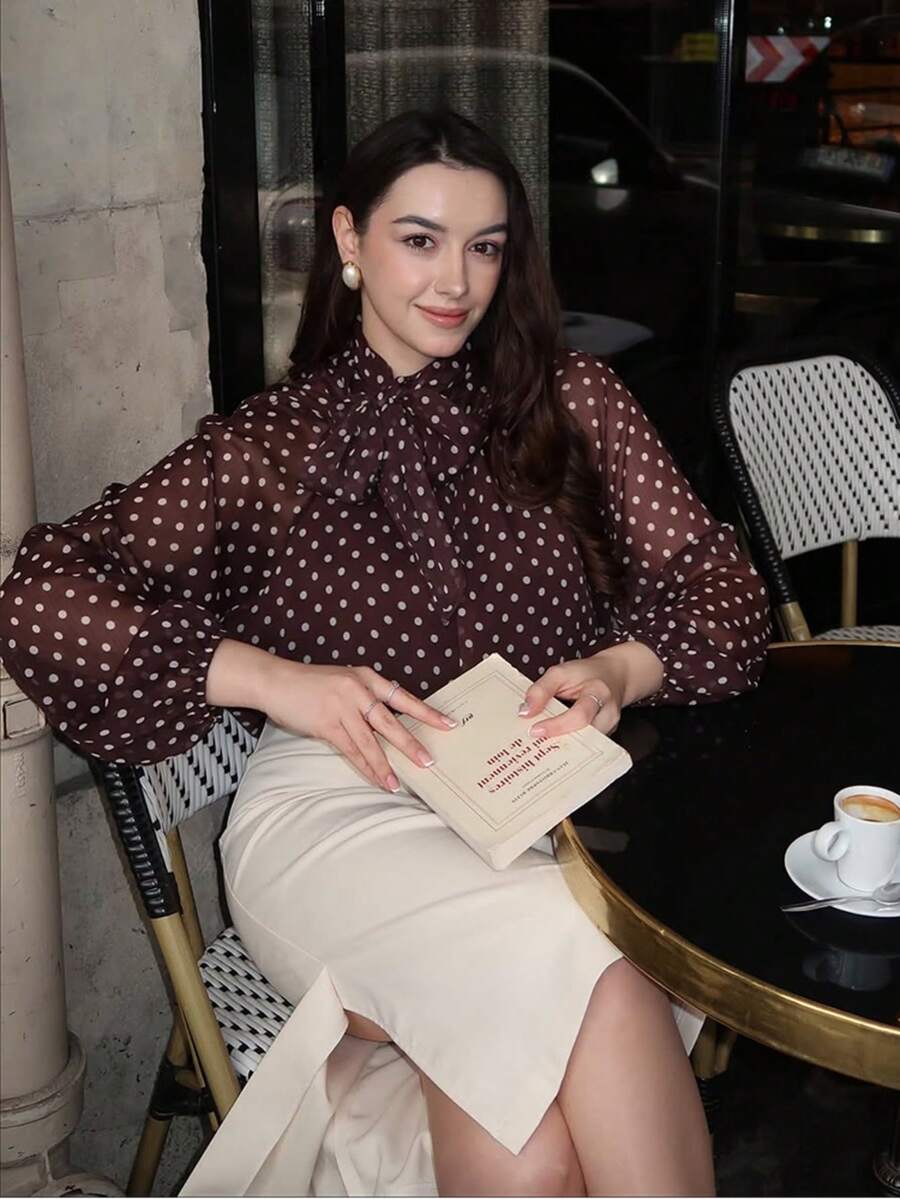 春夏秋女款休閒波點上衣 蝴蝶結寬鬆優雅襯衫 度假海灘上衣 假期派對上衣 都市通勤辦公正式襯衫