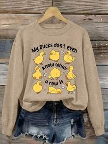 Women's Cartoon Duck Print Sweater With Humorous Sarcastic Quote, Warm And Comfortable For Autumn/Winter - Camel - View 5