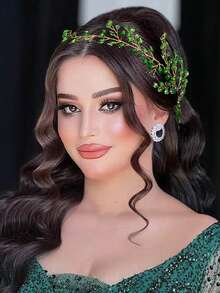 1pc Shiny Rhinestone Headband, Elegant Wedding Bridal Bridesmaid Hair Accessory, Fashion Party Banquet Festival Gathering Headpiece - Green - View 5
