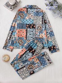 Women's Patchwork Floral Print 2 Pieces Pajama Set, Lapel Long Sleeve Top And Elastic Waist Long Pants, Soft Loungewear - Teal Blue - View 2