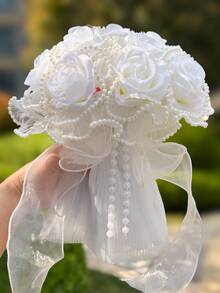 White Pearl Tulip Bridal Bouquet(8.66inch)With Pearl Decoration, Lace Bow Artificial Flower For Wedding Party Prom Gift - Multicolor - View 34