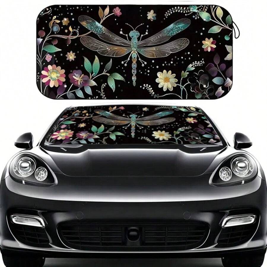 1pc Beautiful Dragonfly Car Sunshade, Made Of Polyester Fiber, Durable 190T Material Blocks UV Rays And Provides Heat Protection For Car Interior, Suitable For Various Car Models Front Windshield, Features Heat Insulation And Privacy Protection, Keeps Your Car Cool, Foldable For Easy Storage