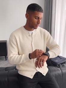 Unisex Casual Loose Fit Solid Color Round Neck Ribbed Long Sleeve Drop Shoulder Button-Up Knit Cardigan, Autumn/Winter - Apricot - View 2