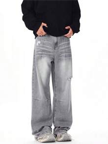 Men's Vintage Washed Distressed Structured Denim Jeans With Pocket - Light Grey - View 4