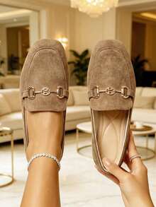 Women's Flat Ballet Loafers, Taupe Suede With Gold Horsebit Buckle, Slip-On, Cushioned Insole, Suitable For Office And Daily Wear - Camel - View 13