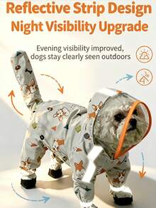 1 Set Full Coverage Hooded Cartoon Waterproof Dog Raincoat With Transparent Face Shield And Reflective Strips, Cute Corgi Or Dinosaur Pattern, Comes With Matching Leash, Suitable For Small, Medium And Large Dogs For Rainy Day Outdoor Walks, Random Style And Color - Multicolor - View 8