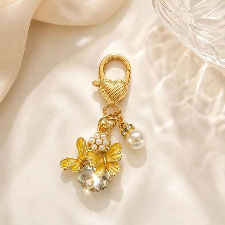 1pc/4pcs Women's Exquisite Fashion Oil-Drip Alloy Butterfly With Rhinestone High-End Pendant Faux Pearl Inlaid Accessory Keychain Sweet Delicate Bag Charm - Multicolor - View 2
