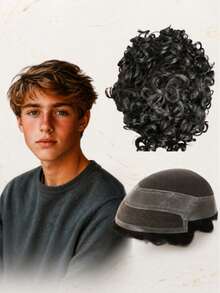 Men's Fluffy Curly Human Hair Wig Piece, 10x8 Inches, Natural Realistic Wig System, 100% Human Hair, Basic Style, Halloween Costume - Natural Black - View 2