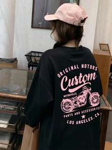 Women's Round Neck Long Sleeve T-Shirt, Spring/Autumn New Motorcycle Graphic And Letter Print, Fashion Casual Versatile Loose Fit Top - Black - View 1