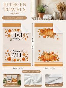 2PCS Kitchen Towels HAPPY FALL Autumn Pumpkin Print 40*60cm Minimalist Style Rectangular Microfiber Kitchen Towels, Dish Cloths, Tablecloths, Hand Towels, Bathroom Kitchen Decor, Home Decor, Housewarming Gift For Neighbors, Perfect For Kitchen And Bathroom Use, Suitable For Housewives And Family Gatherings, High Cost-Performance, Essential Home Item - Orange - View 3