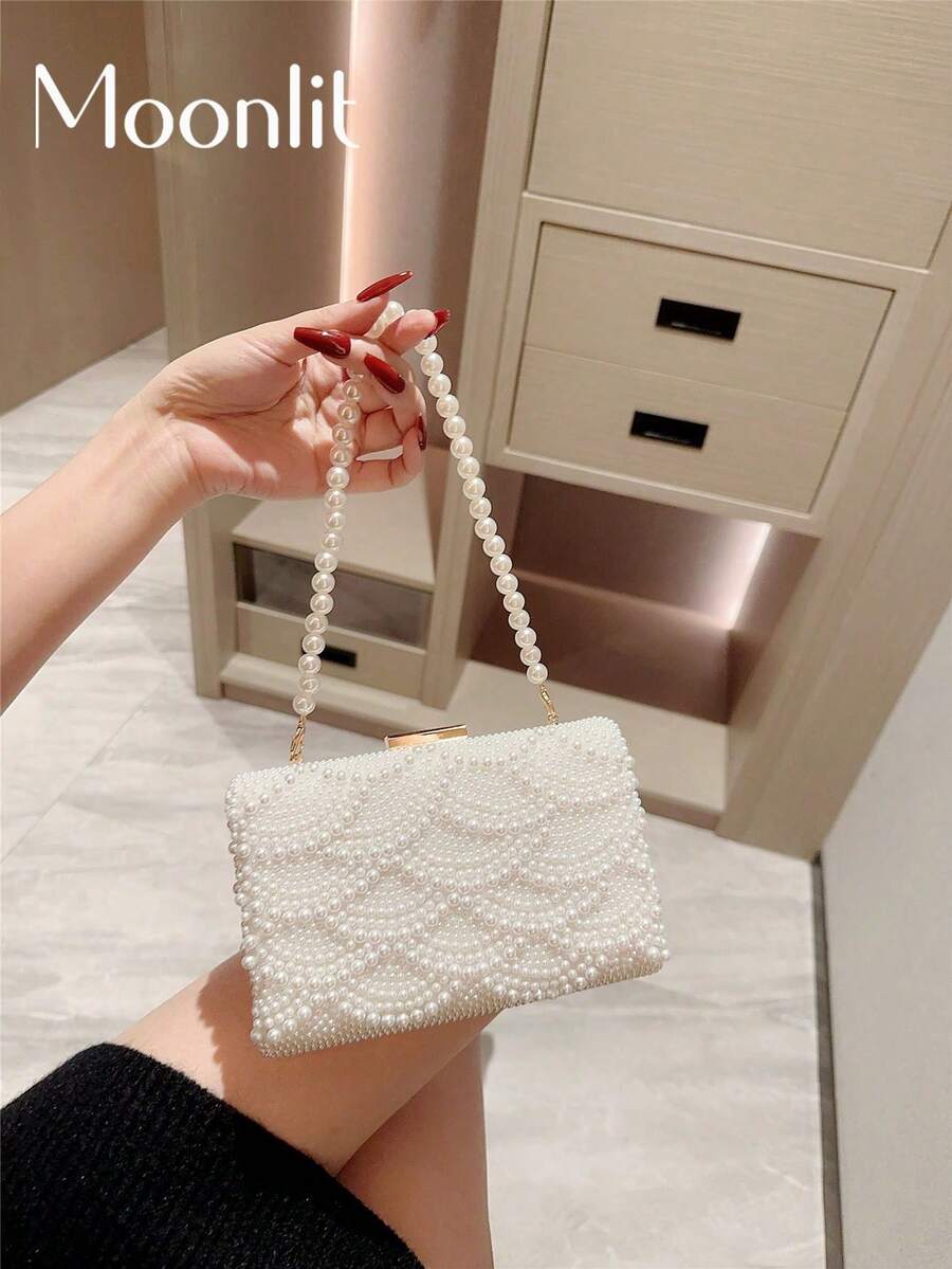 1件装优雅仿珍珠盒形晚宴手拿包，正式派对包，浪漫婚礼新娘手提包，奢华闪亮水钻装饰正式礼服手拿包，晚宴钱包，仿珍珠包