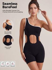 Women's Sporty Jumpsuit, Black & White Color Block, One Shoulder Hollow Out, Slimming Waist & Lifting Butt, Fitted Yoga Romper Sports - Black - View 8