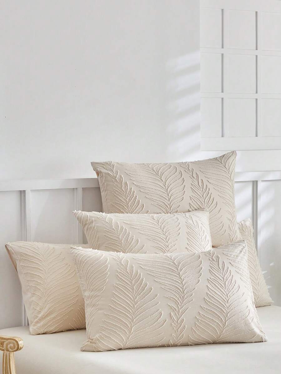2pcs Khaki Leaf Pattern Tufted Jacquard Pillowcase, Modern Bohemian Style Decorative Pillow Cover, Suitable For All Seasons, Machine Washable - Khaki - View 1